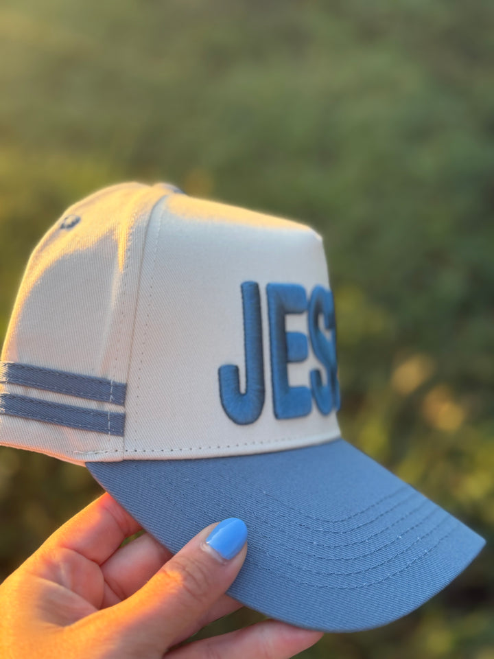 Jesus Puff Embroidered Hat | Cream &amp; Blue