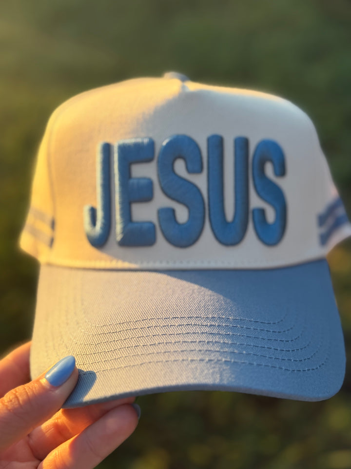 Jesus Puff Embroidered Hat | Cream &amp; Blue